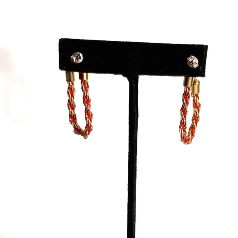 5/$25 Vintage Gold red braided rope chain hoop earrings